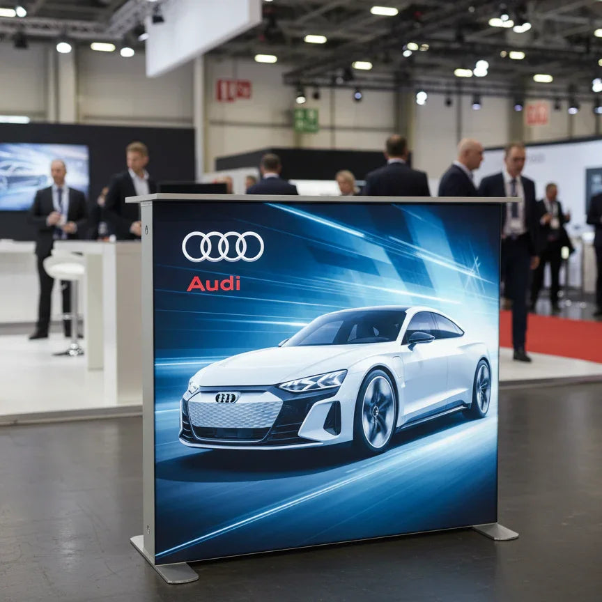 Portable LED Lightbox Desk – Individuell bedruckbare Textilfront – 100×40×100 cm – Messecounter mit Beleuchtung