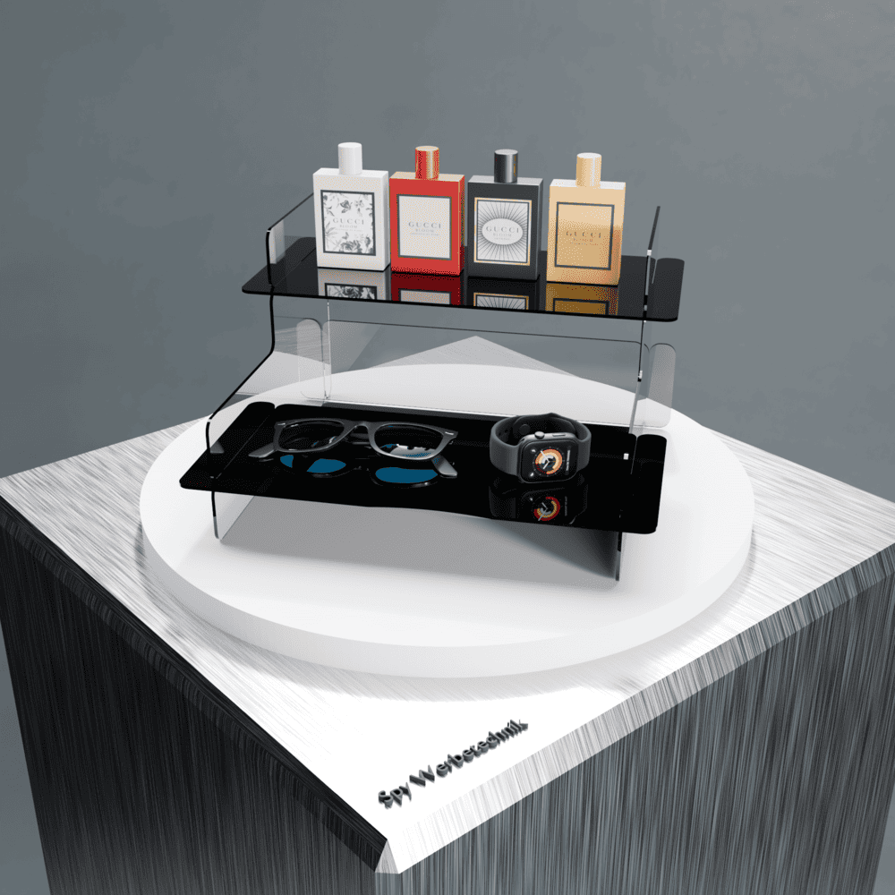 Acryl-Präsentationsständer 2-stöckig – bestückt mit Produkten, ideal für Kosmetik, Zubehör oder Kleinteile