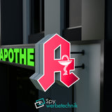 Apotheken A – 3D LED-Leuchtbuchstabe doppelseitig, Nachtansicht mit homogener LED-Ausleuchtung