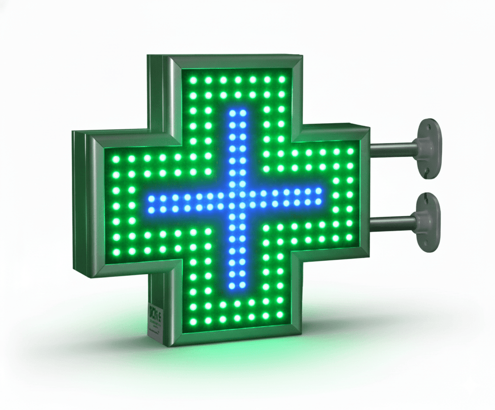 LED-Apothekenkreuz – Detailansicht der animierten LED-Module und leuchtenden Apothekenkreuz-Grafik
