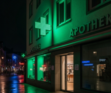 LED-Apothekenkreuz – Nachtansicht mit animierten LEDs und hoher Sichtbarkeit im Straßenraum