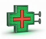 LED-Apothekenkreuz – Seitenansicht mit Wandhalterung, auskragend an der Fassadenfront montiert