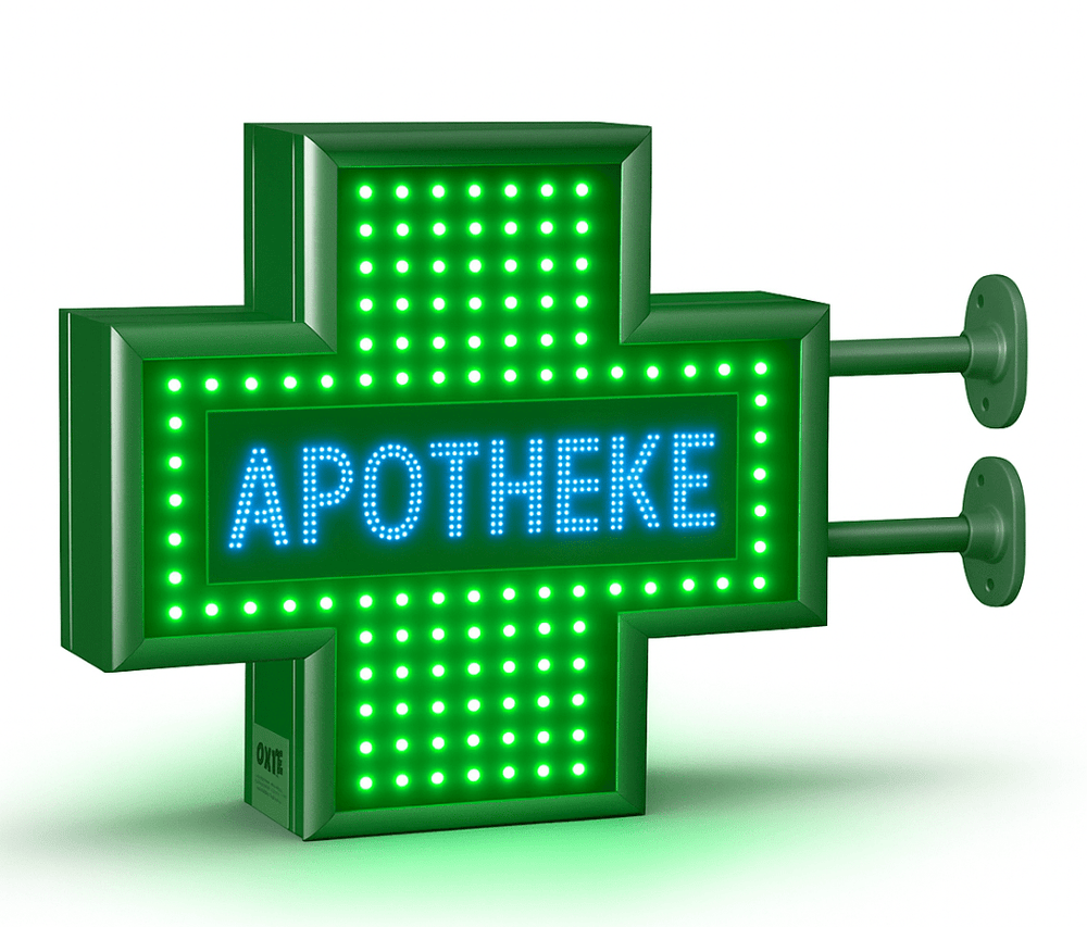 LED-Apothekenkreuz mit Textdisplay – Anzeige von Uhrzeit und Außentemperatur im LED-Display