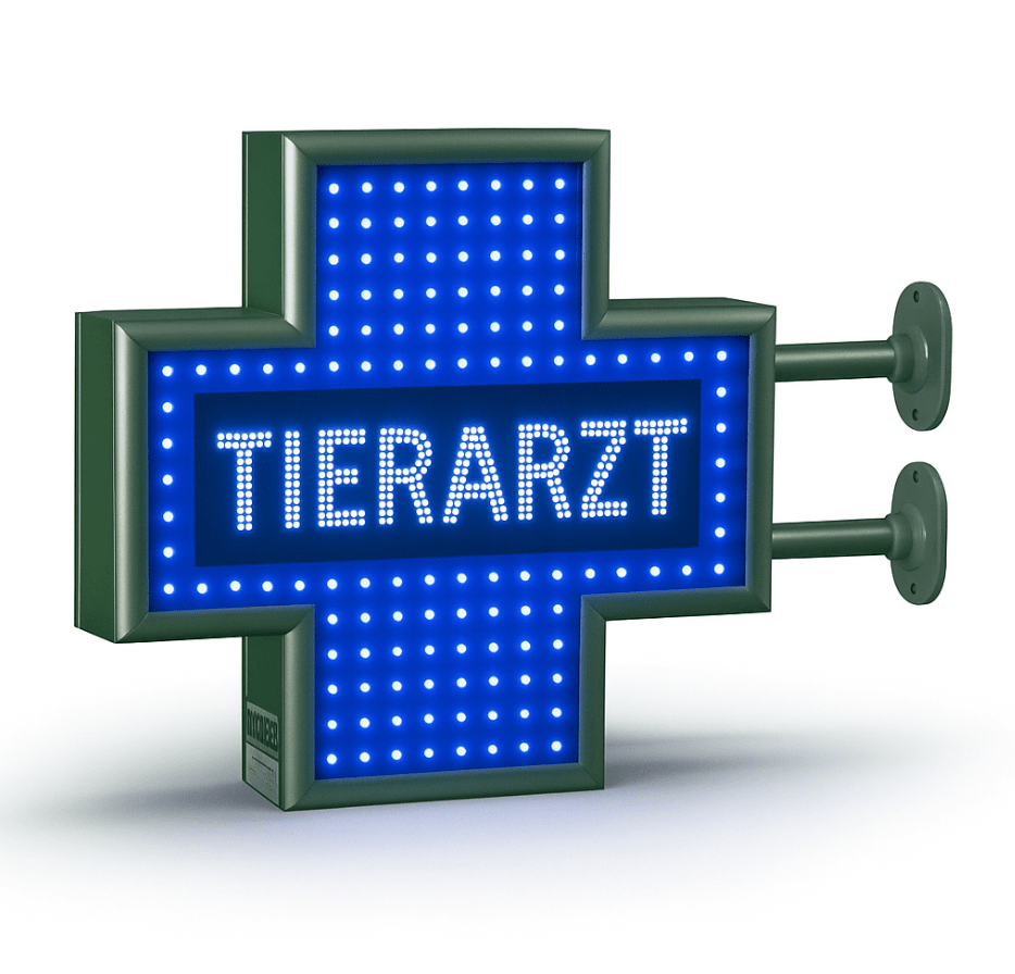 LED-Apothekenkreuz mit Textdisplay – grünes LED-Kreuz für Apotheken mit Lauftext, Uhrzeit und Temperatur, Frontansicht