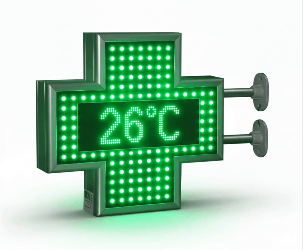 LED-Apothekenkreuz mit Textdisplay – Seitenansicht mit Wandhalterung als auskragendes Fassadenschild