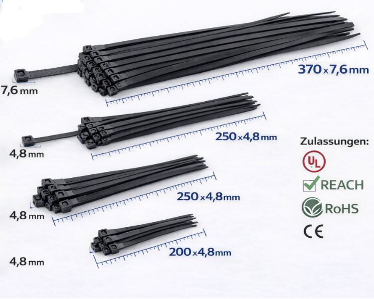 Kabelbinder schwarz 100 Stück | UV-beständig – Produktansicht
