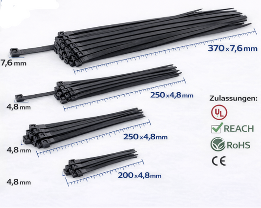 Kabelbinder Schwarz 100 Stück | 4 Größen 100-400mm | Nylon UV-beständig Bündel