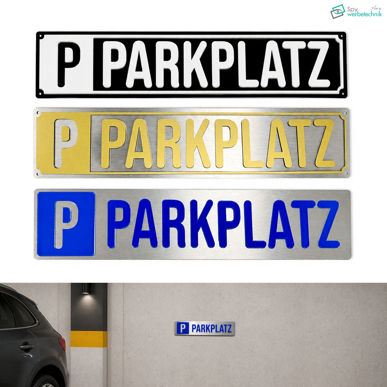 Parkplatzschild 50x10 cm – Alu-Verbund mit 3D Plexiglas-Buchstaben – PARKPLATZ