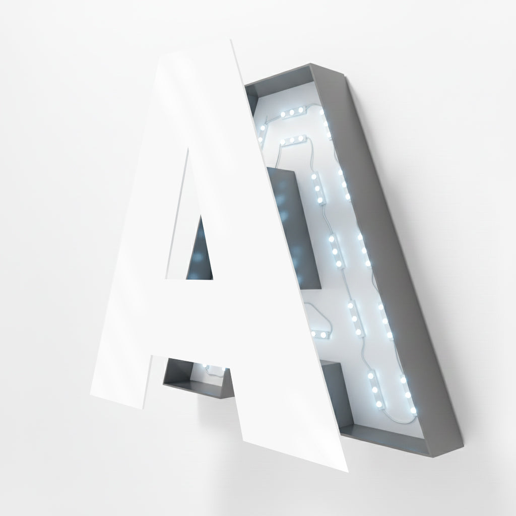 3D Leuchtbuchstaben aus Acryl & Aluverbund – LED-beleuchtete Profilbuchstaben für Fassadenwerbung, Frontansicht