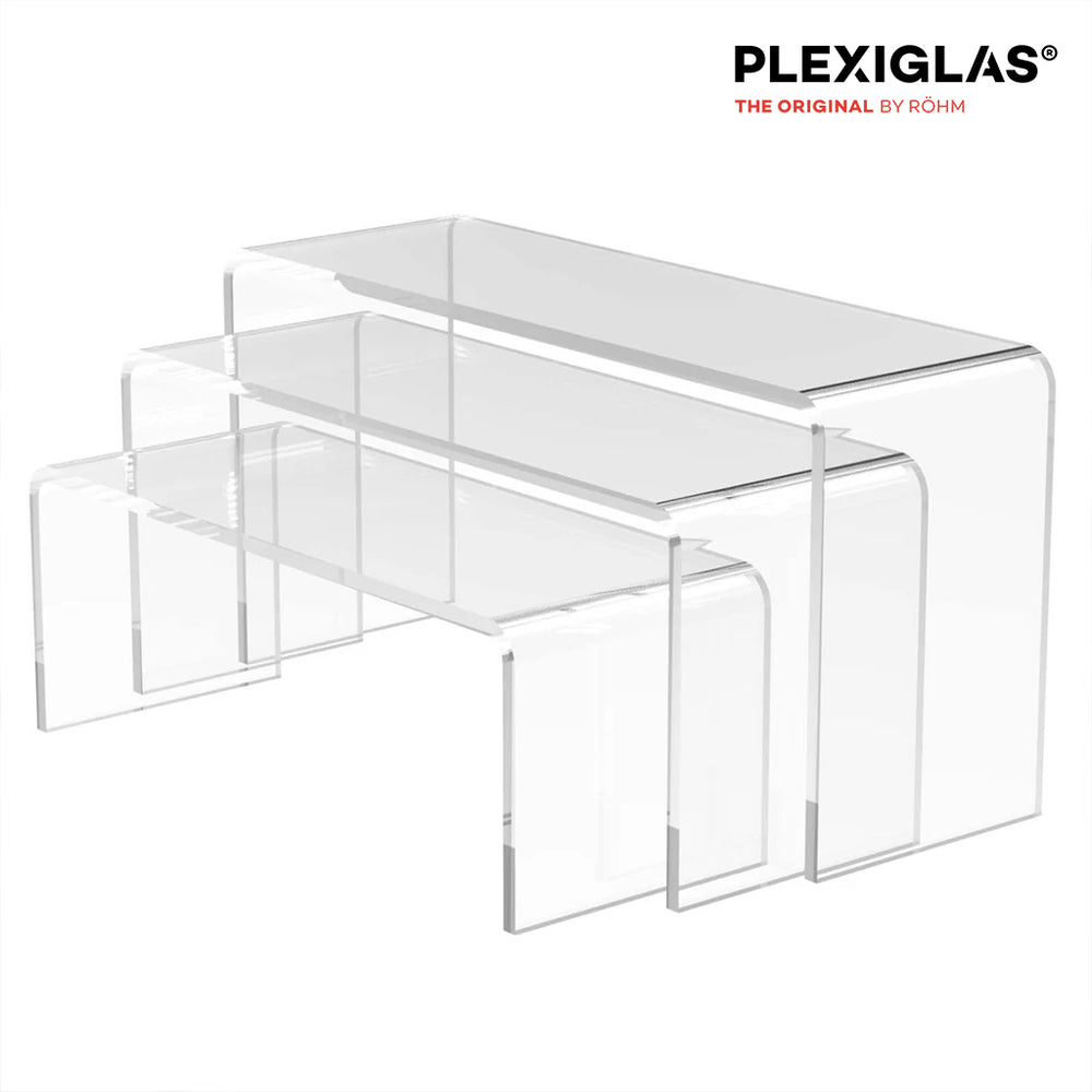 Set mit 3 Acryl Podesten – Plexiglas U-Aufsteller, Transparent & Stabil, Präsentationsständer für Produkte, Deko - Schaufenster - Spy Werbetechnik