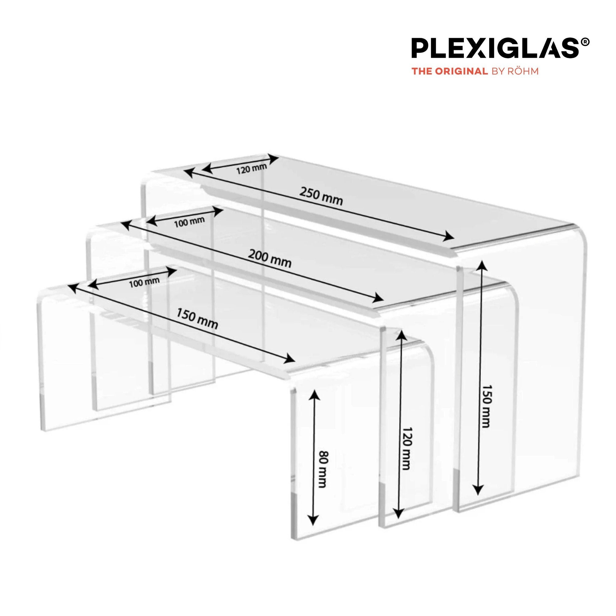 Set mit 3 Acryl Podesten – Plexiglas U-Aufsteller, Transparent & Stabil, Präsentationsständer für Produkte, Deko - Schaufenster - Spy Werbetechnik