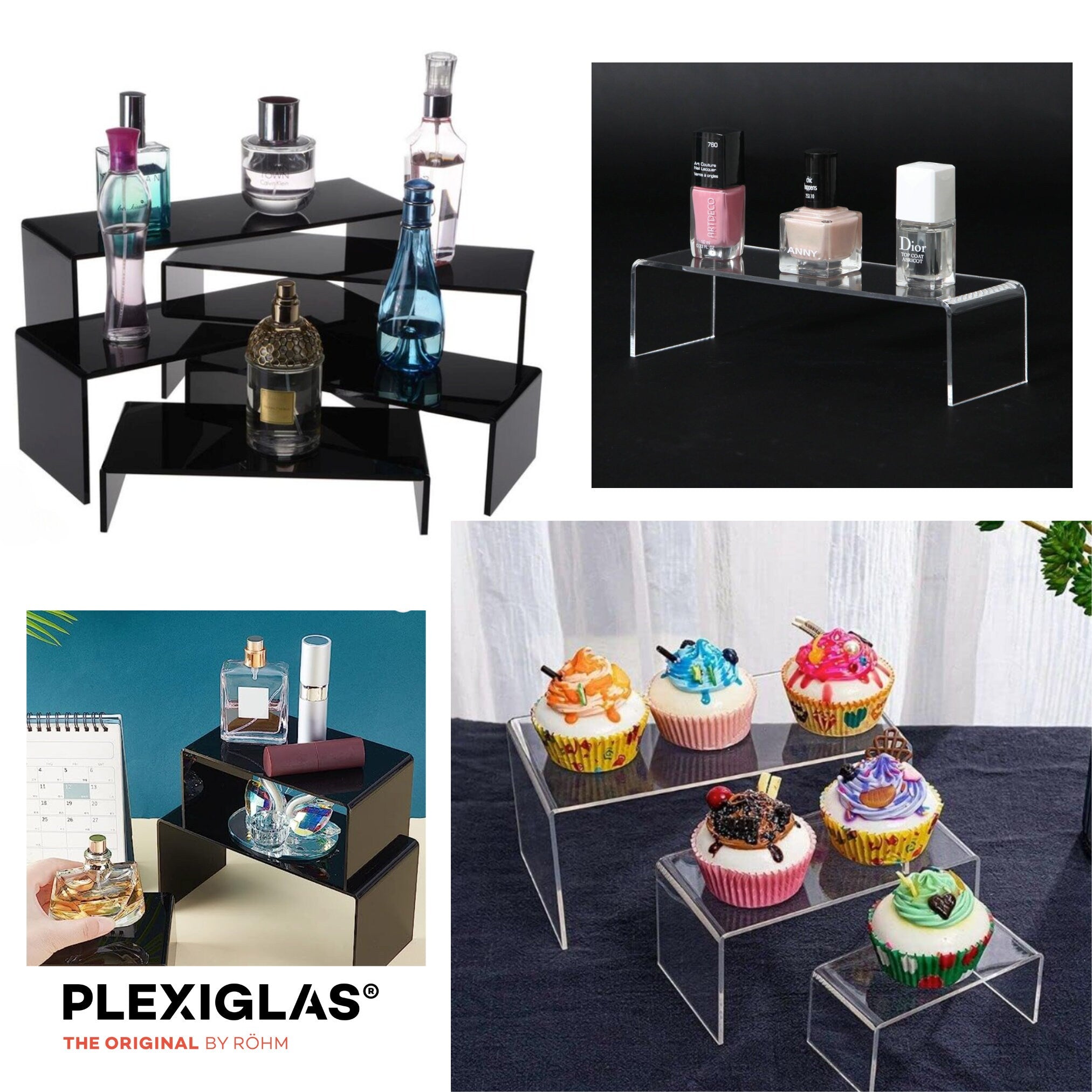 Set mit 3 Acryl Podesten – Plexiglas U-Aufsteller, Transparent & Stabil, Präsentationsständer für Produkte, Deko - Schaufenster - Spy Werbetechnik