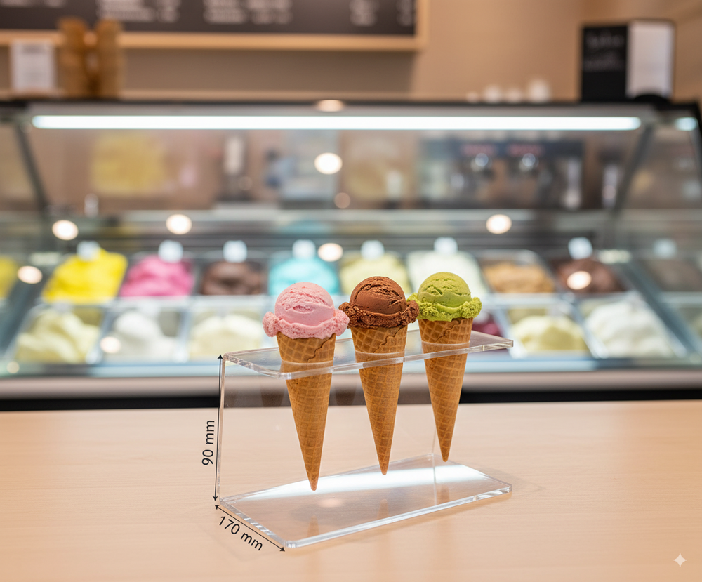 Plexiglas-Eisständer: Acryl-Display für 3 Eistüten – ideal für Partys - Spy Werbetechnik