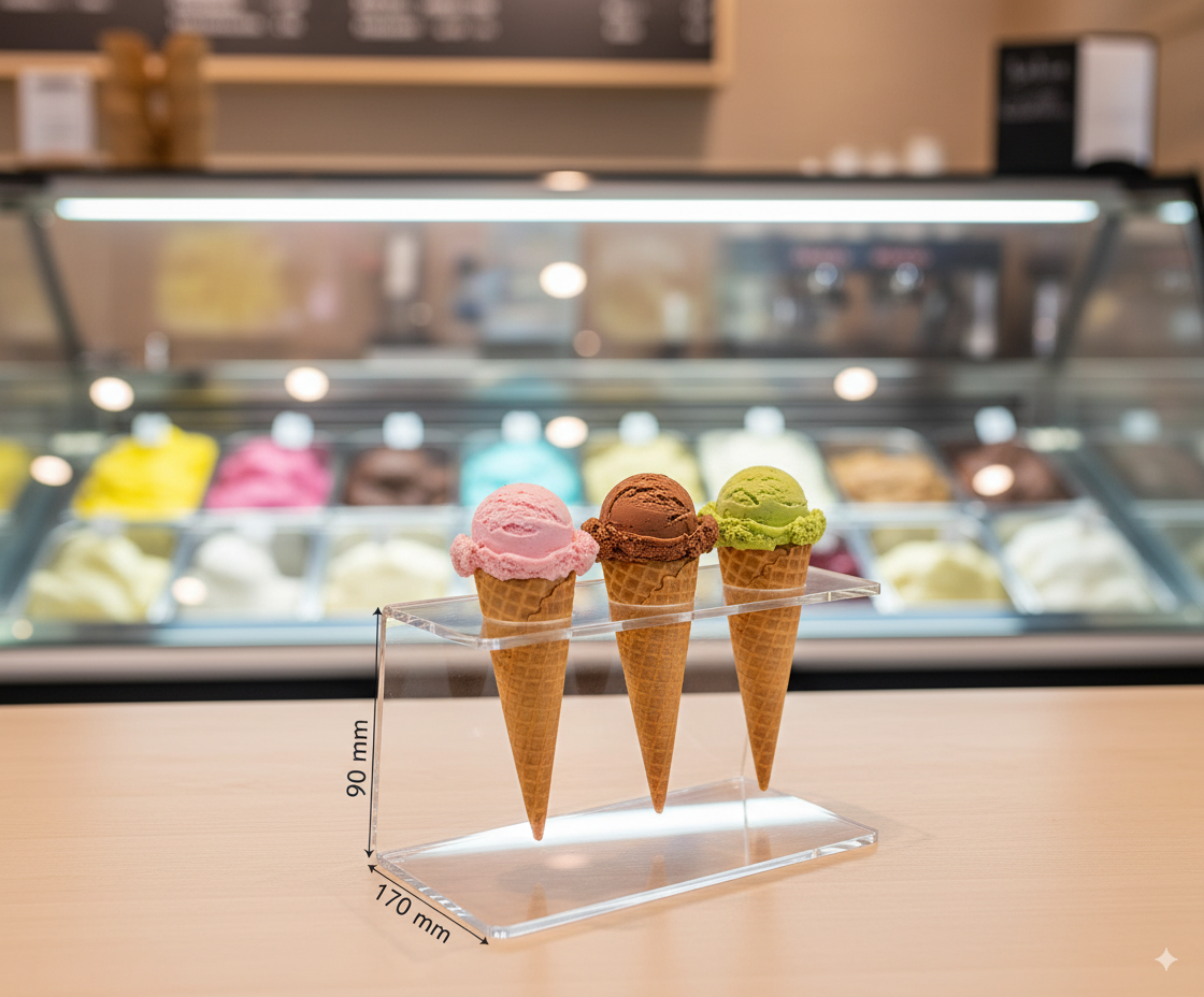 Plexiglas-Eisständer: Acryl-Display für 3 Eistüten – ideal für Partys - Spy Werbetechnik