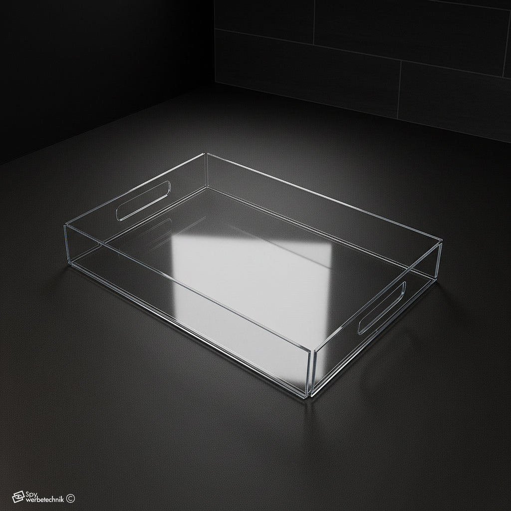 Individuelles klares Acryl-Serviertablett – Moderner rechteckiger Organizer mit Griffen – Personalisierbares Design – Robust & Transparent - Spy Werbetechnik