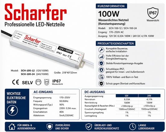Scharfer SCH-100-12 LED-Netzteil 12V 100W | IP67 | Wasserdicht | für Leuchtbuchstaben & Leuchtwerbung