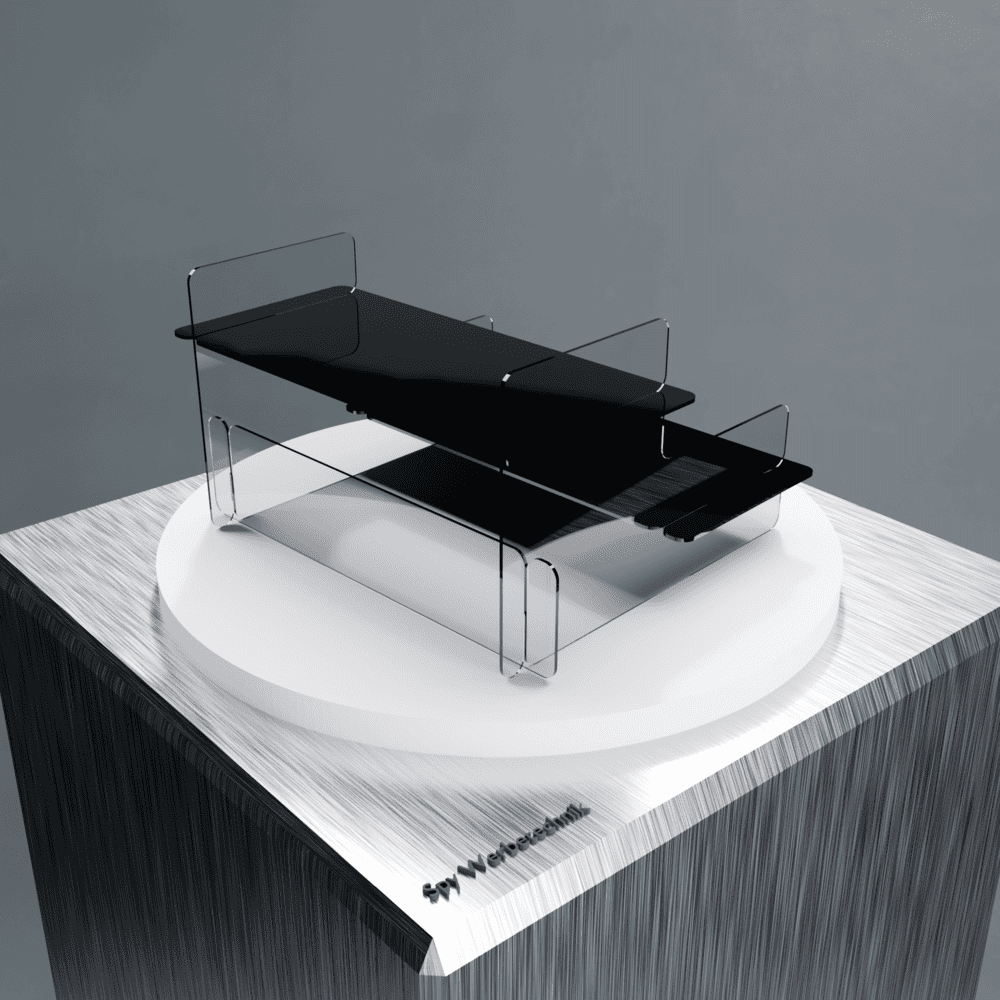 Acryl-Präsentationsständer 2-stöckig – Detailansicht der schwarzen Ablagen mit glatter Oberfläche