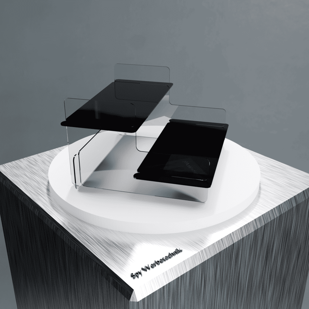 Acryl-Präsentationsständer 2-stöckig – Einsatz als Präsentationsdisplay auf der Verkaufstheke im Laden