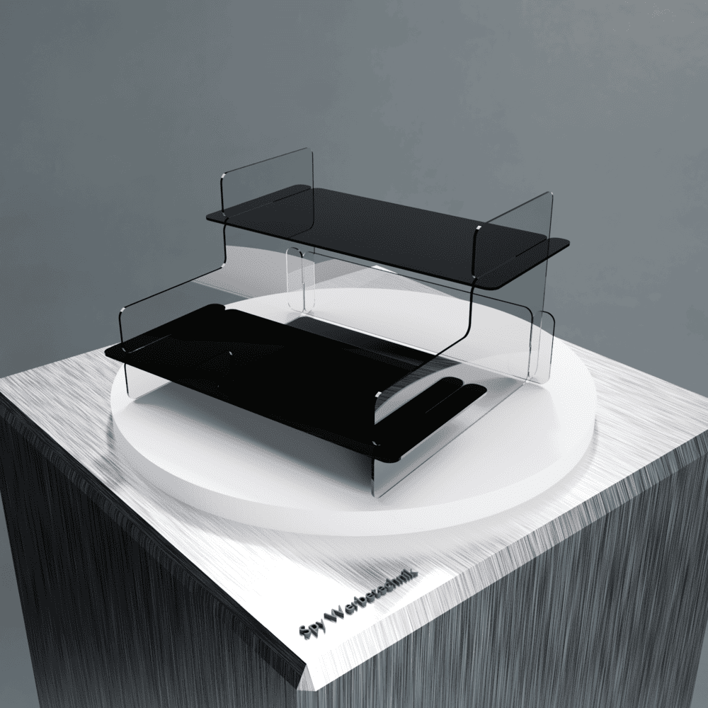 Acryl-Präsentationsständer 2-stöckig – schwarze Ablagen, transparente Seitenwände, Gesamtansicht für Thekenpräsentation
