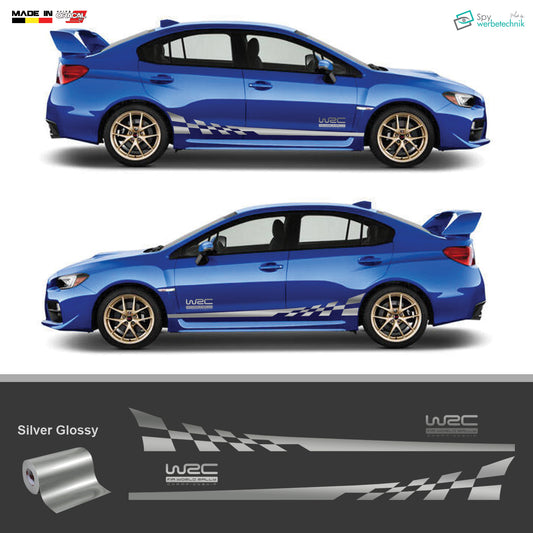 Auto Seitenstreifen Vinyl Aufkleber WRC Sticker Set, Schwarz / Weiß / Grau, 230 x 26 cm, 2er Set