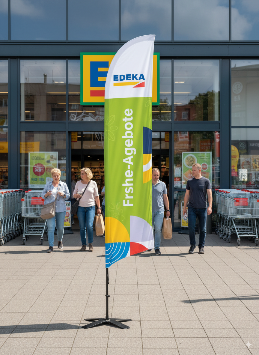 Flagge L, Höhe 4,1 m – Premium-Werbefahne für Innen & Außen mit straff gespanntem Textil