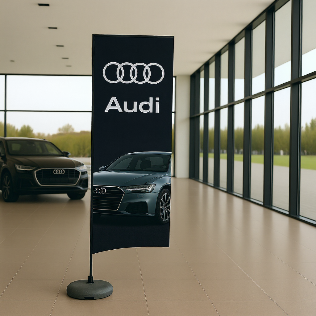 Gerade Fahne S 2,7 m als kompakte Beachflag für Außenwerbung vor einem Geschäft