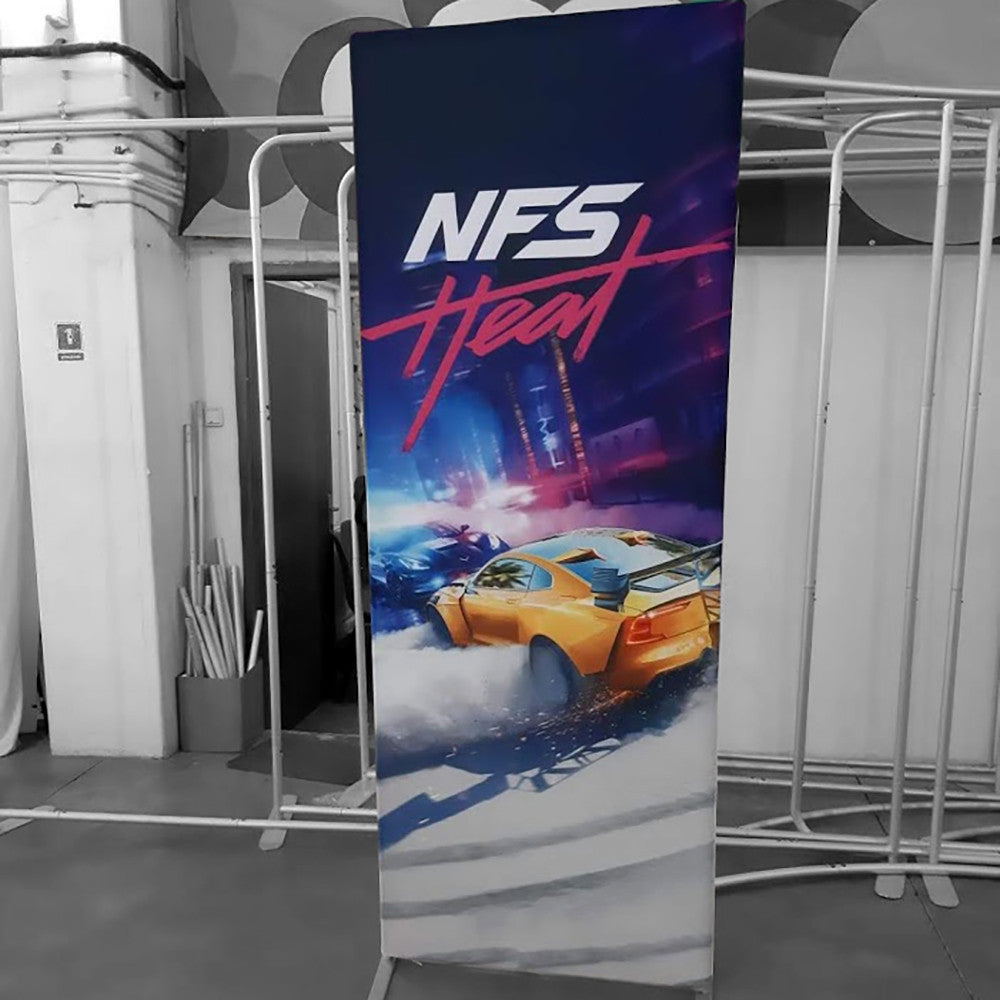 Haushaltsbanner 85 x 228 cm – leichtes, kompakt verpackbares Click-System Textildisplay mit Tragetasche