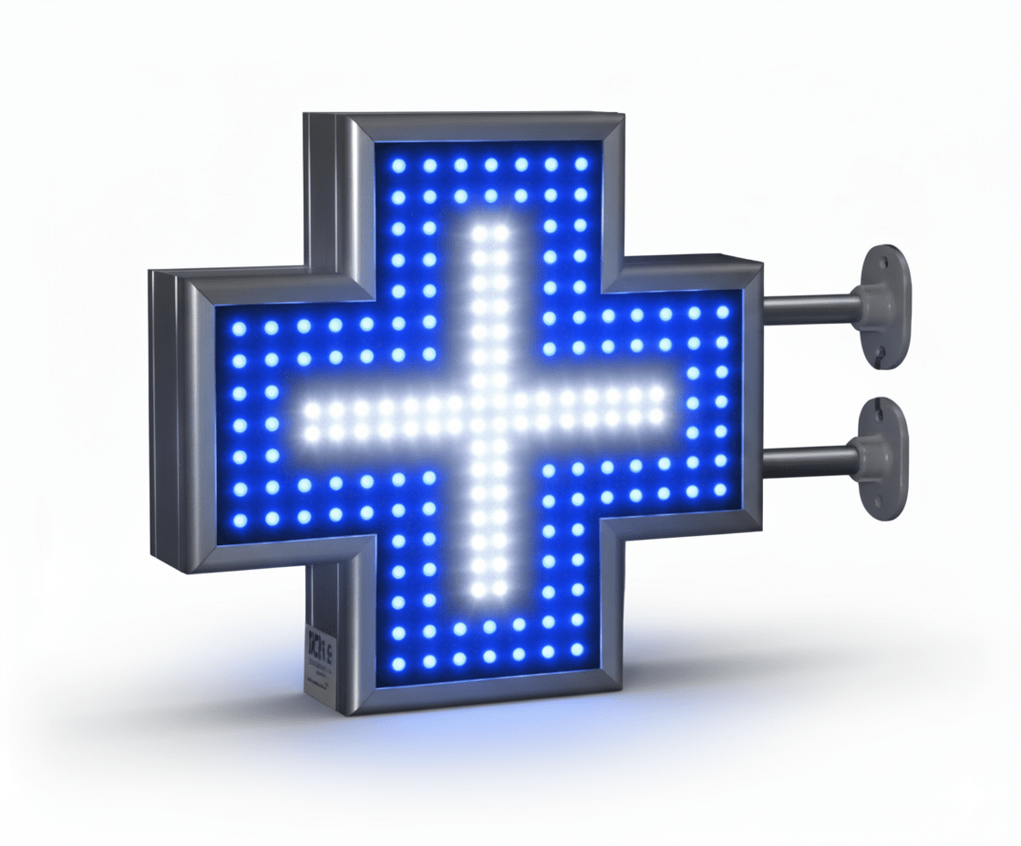 LED-Apothekenkreuz – montiert an der Außenfassade einer Apotheke, auffällige Außenwerbung
