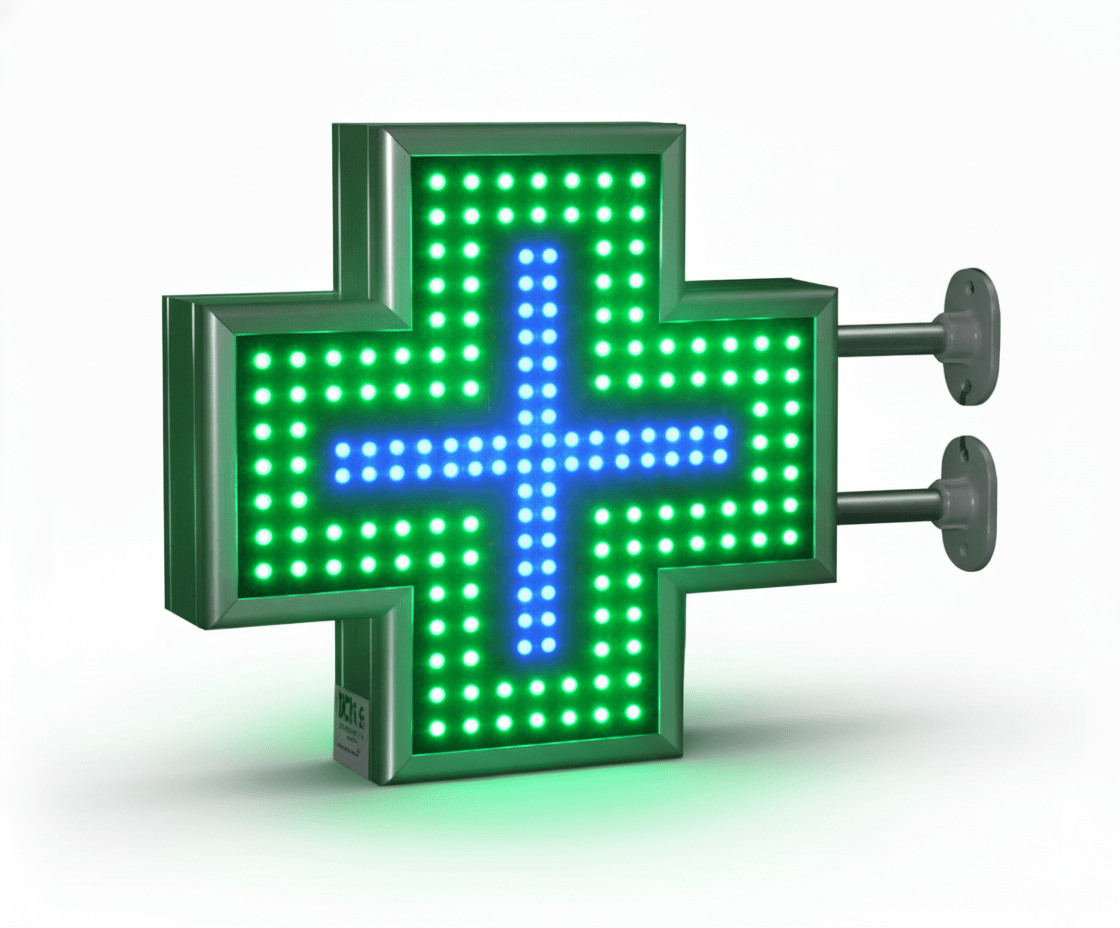 LED-Apothekenkreuz – Detailansicht der animierten LED-Module und leuchtenden Apothekenkreuz-Grafik