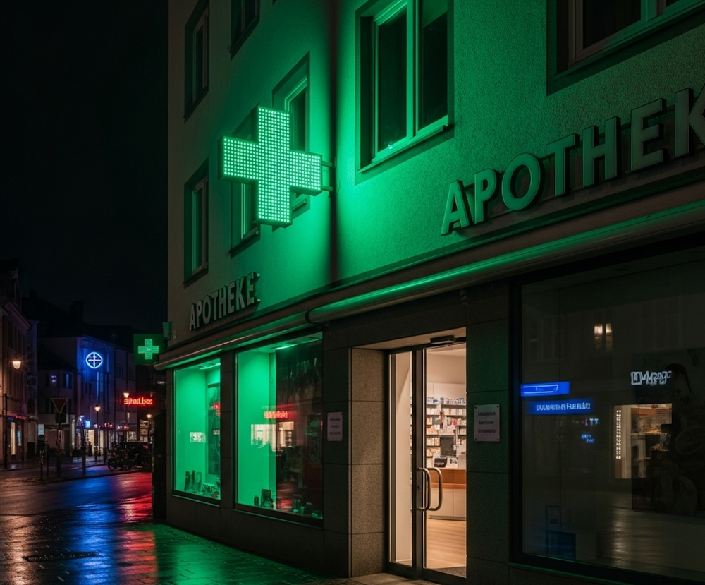 LED-Apothekenkreuz – Nachtansicht mit animierten LEDs und hoher Sichtbarkeit im Straßenraum