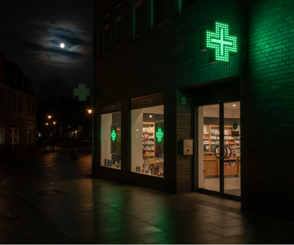LED-Apothekenkreuz – perspektivische Ansicht, beidseitig leuchtendes Apothekenkreuz mit animierten LEDs