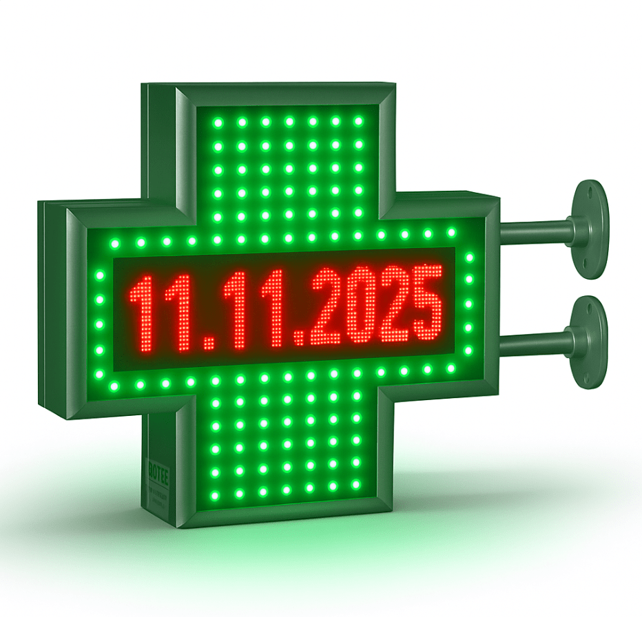 LED-Apothekenkreuz mit Textdisplay – Nachtansicht, hohe Leuchtkraft und gute Sichtbarkeit der Apotheke