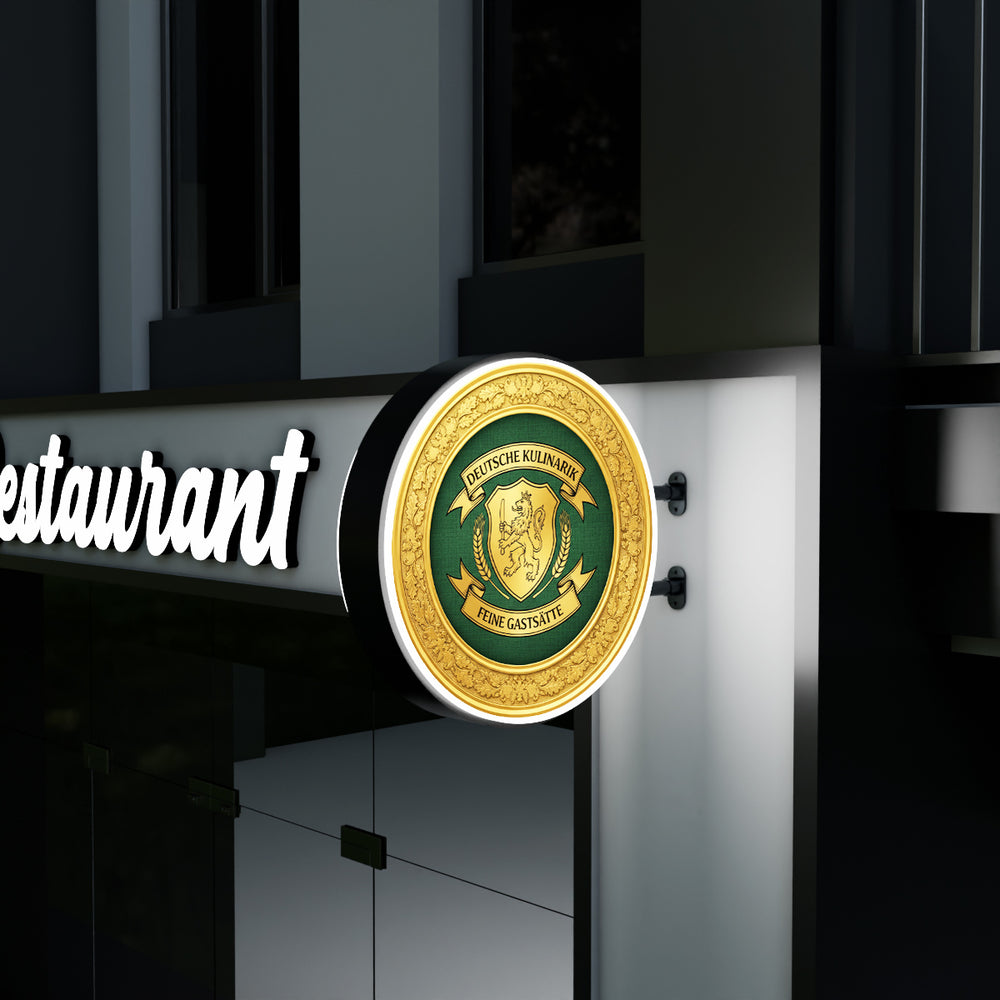 Leuchtkasten rund – Wandausleger, doppelseitig beleuchtet (Ø 75 cm), Seitenansicht mit schlankem Profil