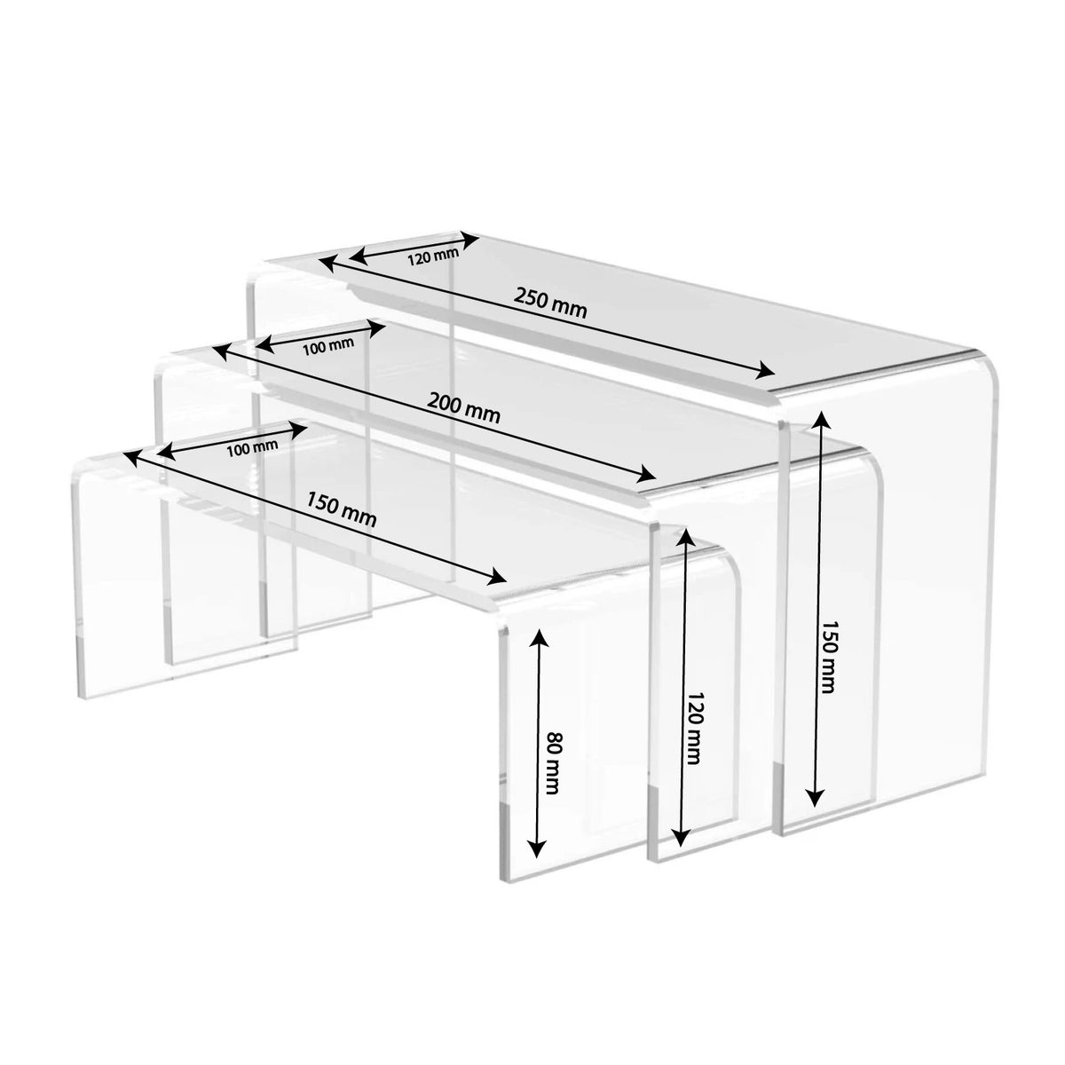 Set mit 3 Acryl Podesten – Plexiglas U-Aufsteller, Transparent & Stabil, Präsentationsständer für Produkte, Deko - Schaufenster - Spy Werbetechnik