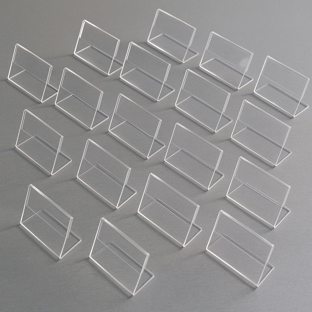 Mini-Aufsteller 8×5 cm Plexiglas® 2 mm – bestückt mit Beispielkarte, ideal für Preise, Labels und Kennzeichnungen