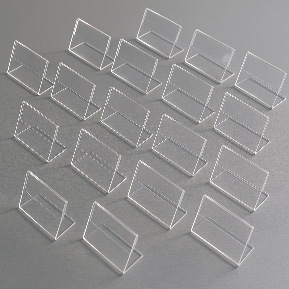 Mini-Aufsteller 8×5 cm Plexiglas® 2 mm – bestückt mit Beispielkarte, ideal für Preise, Labels und Kennzeichnungen