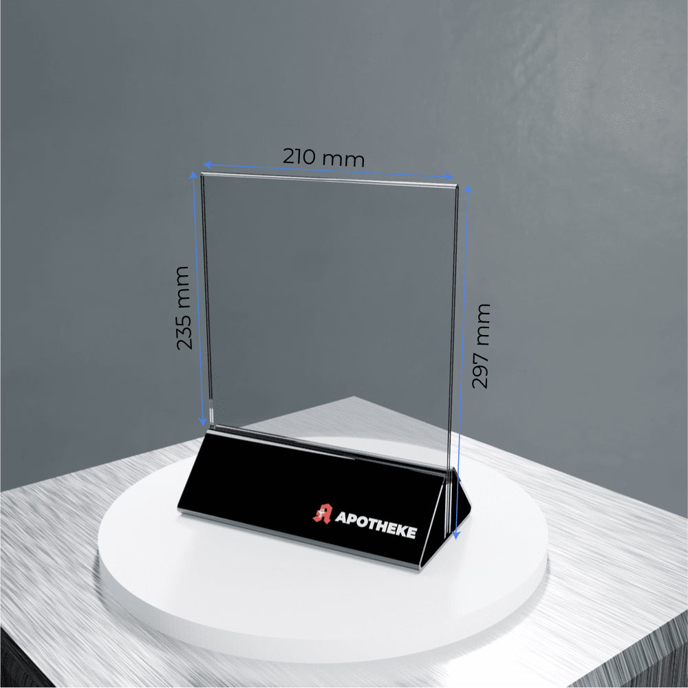 Premium Acryl-Aufsteller A5 mit schwarzem Sockel – Detailansicht des massiven Sockels und klaren Acryls