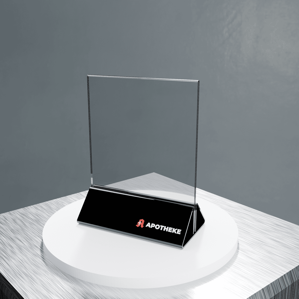 Premium Acryl-Aufsteller A5 mit schwarzem Sockel – hochwertiger Infoständer, Gesamtansicht