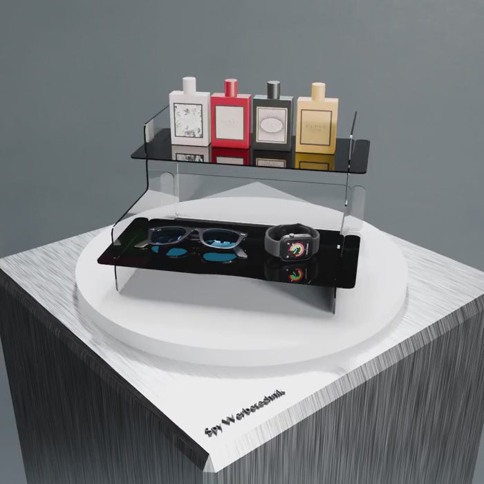 Acryl-Präsentationsständer 2-stöckig – Seitenansicht mit zwei Ebenen und klaren Acrylseiten