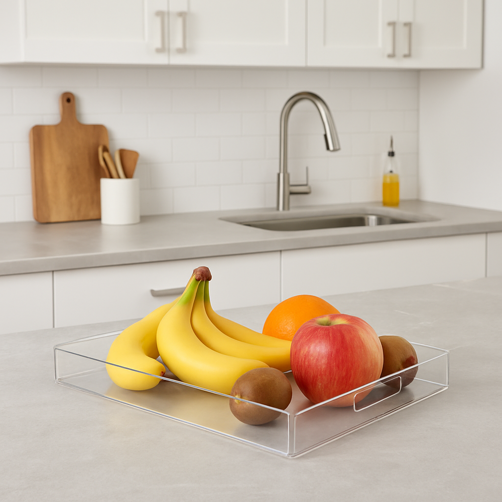 Individuelles klares Acryl-Serviertablett – Moderner rechteckiger Organizer mit Griffen – Personalisierbares Design – Robust & Transparent - Spy Werbetechnik